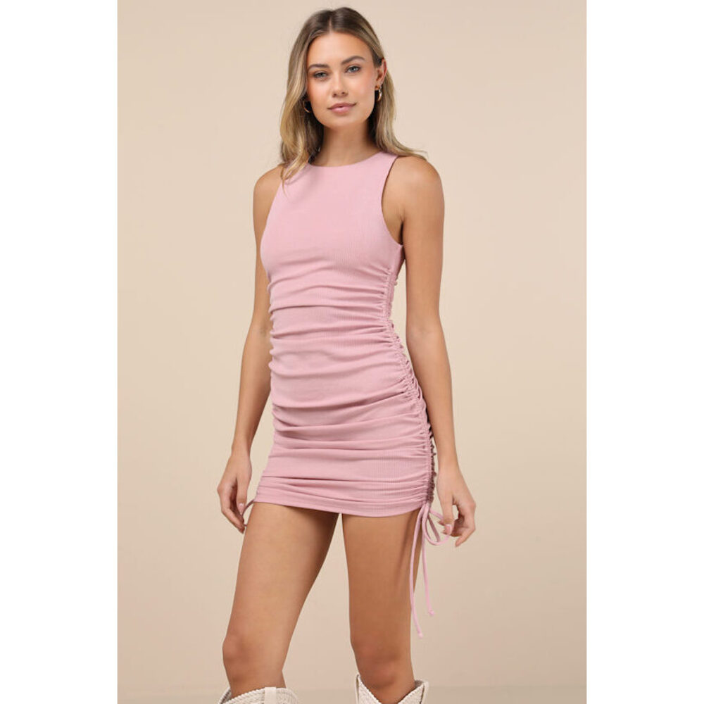 Lulus Over And Over Pink Ribbed Drawstring Ruched Bodycon Dress - Size L - Picture 2 of 3